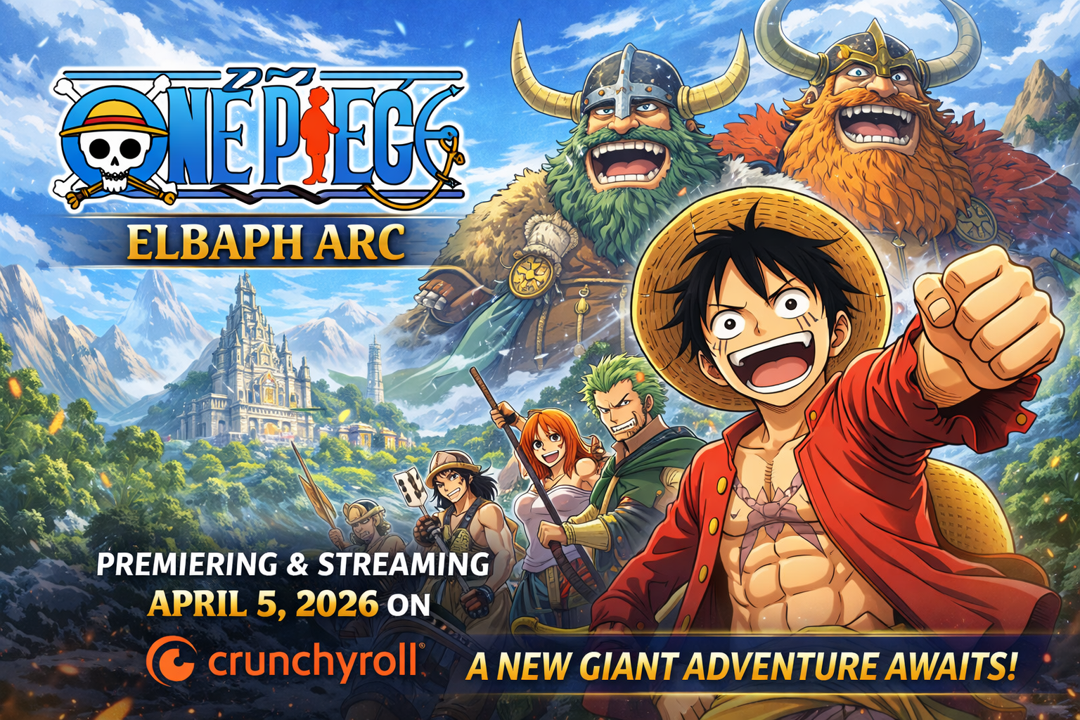 One Piece Elbaph Arc key visual featuring Luffy and the Land of Giants