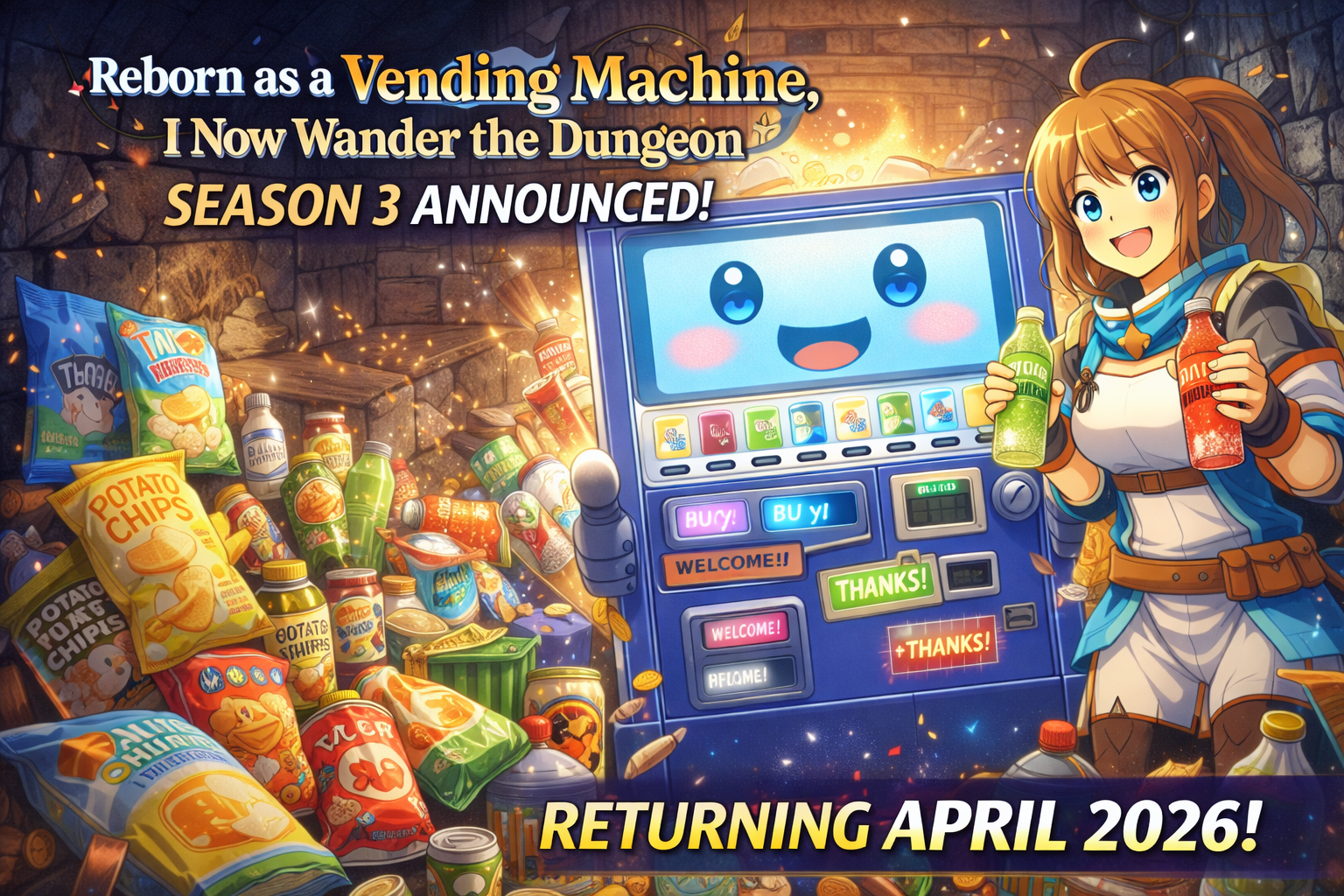 Reborn as a Vending Machine Season 3 anime visual featuring Boxxo surrounded by snacks