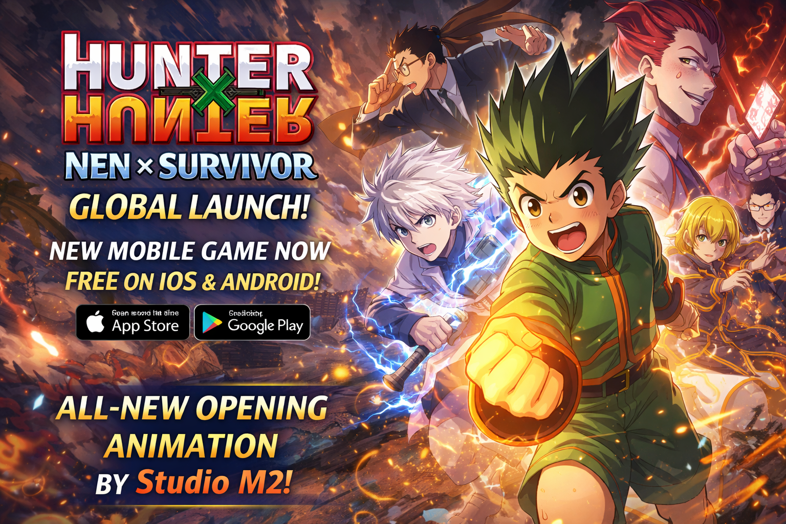 Hunter × Hunter Nen × Survivor mobile game opening animation featuring Gon Freecss in action