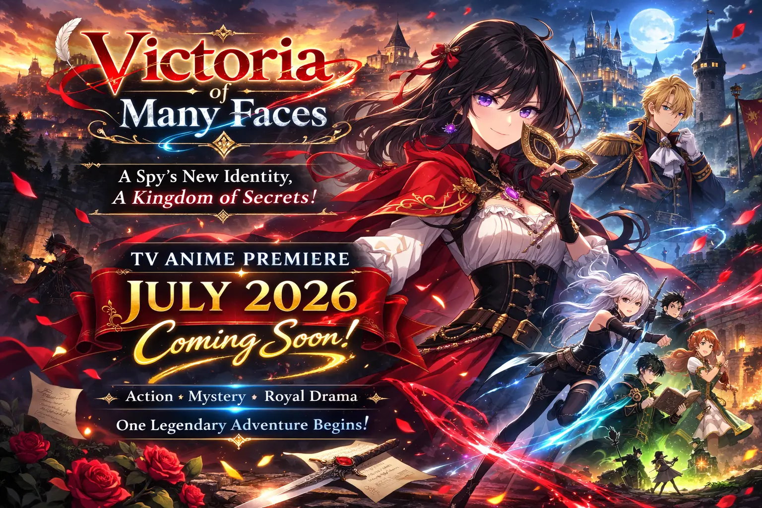 Victoria of Many Faces anime teaser visual showing Victoria smiling in fantasy setting