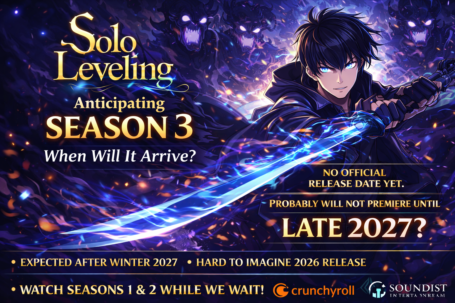 Solo Leveling Season 3 anime visual featuring Jinwoo Sung in battle stance