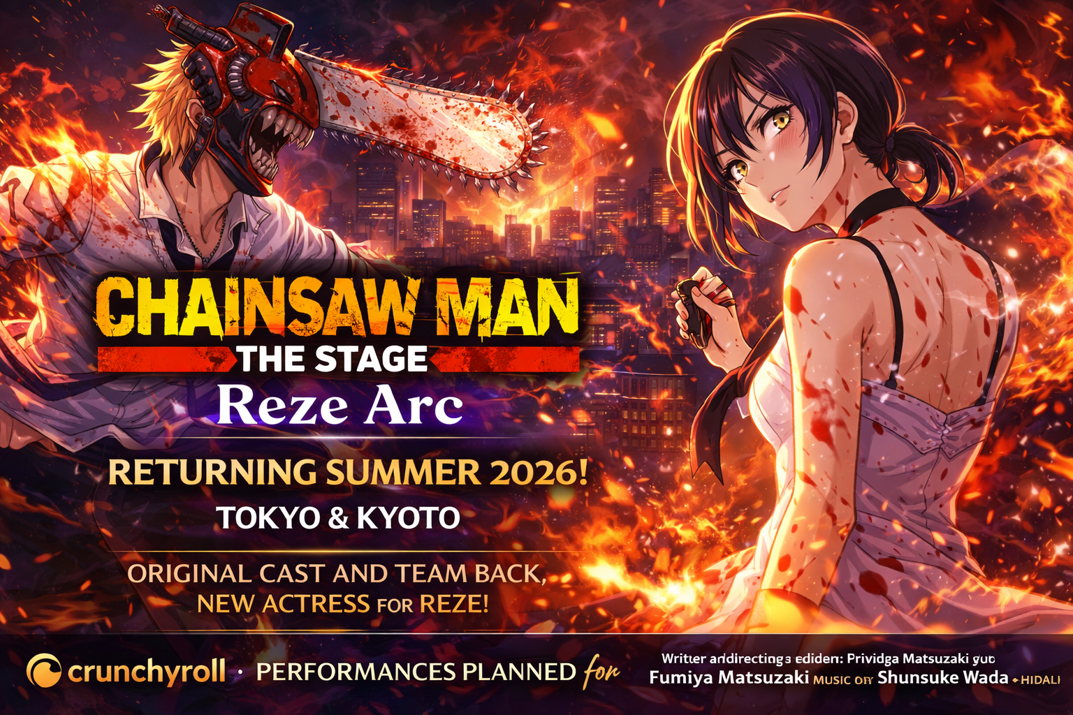 Chainsaw Man The Stage Reze Arc 2026 live stage play visual featuring Denji and Reze dramatic scene