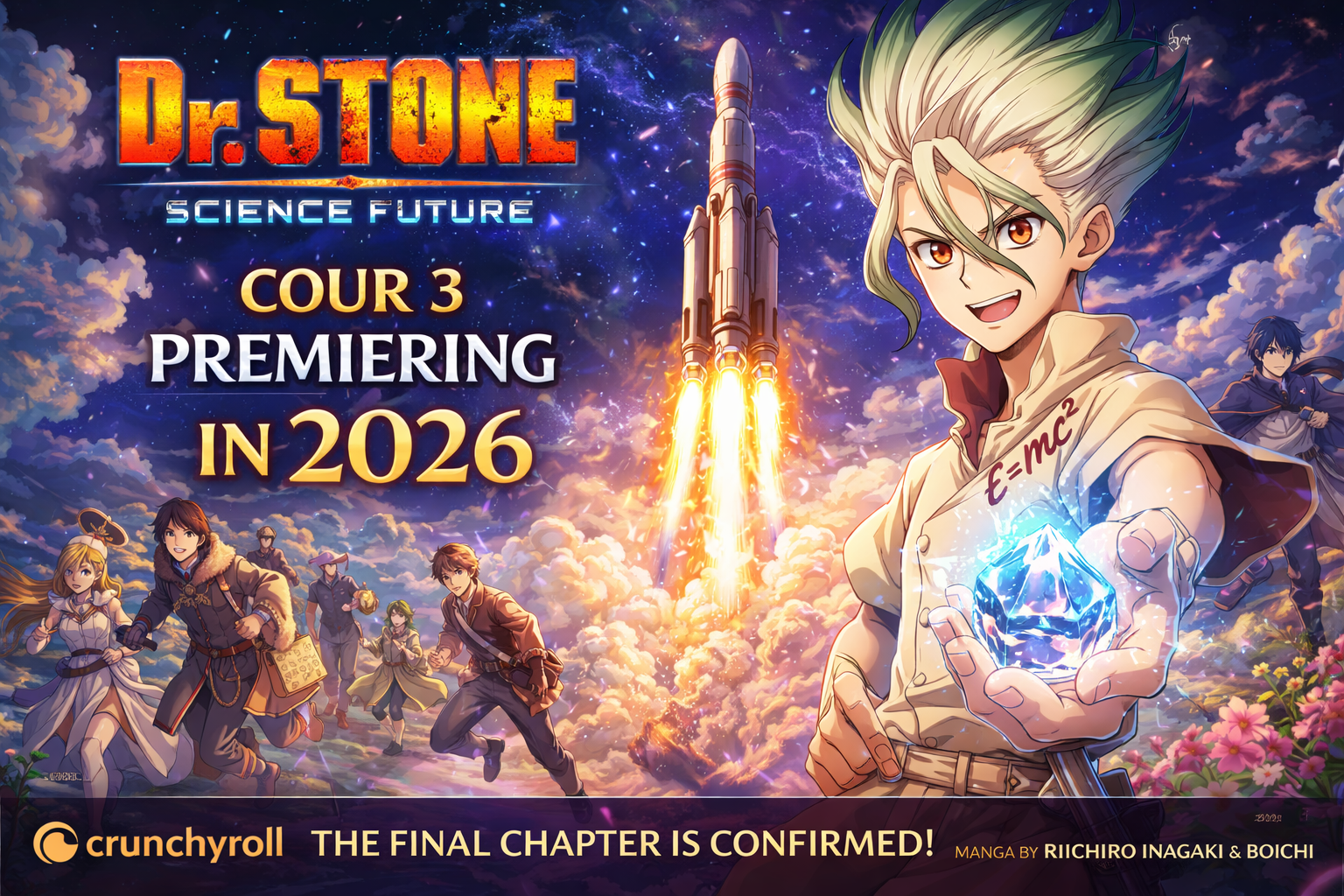 Dr. STONE SCIENCE FUTURE Cour 3 2026 anime visual featuring Senku Ishigami and rocket theme