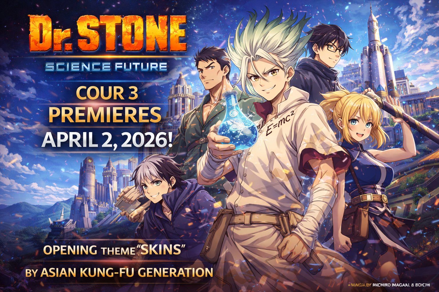 Dr. STONE SCIENCE FUTURE Cour 3 trailer visual showing Senku and the Kingdom of Science preparing for their next scientific adventure