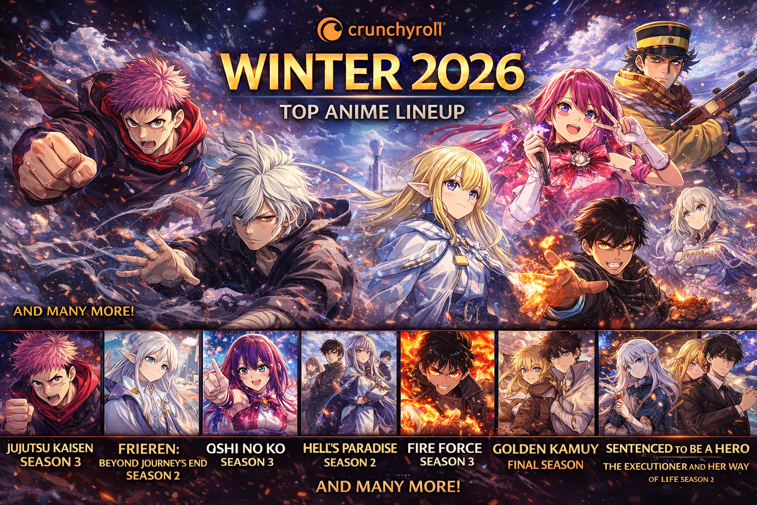 Winter 2026 anime lineup featuring Jujutsu Kaisen Season 3, Oshi no Ko Season 3, Frieren Season 2 and other upcoming anime releases