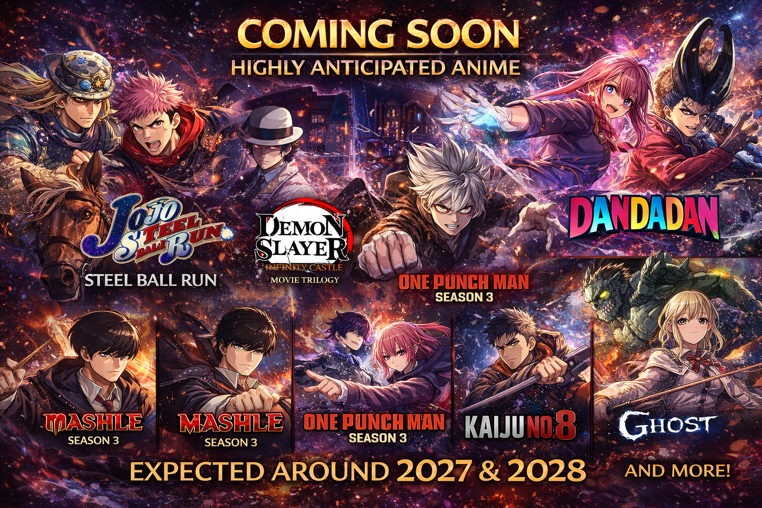 Upcoming anime 2027 and 2028 featuring JoJo Steel Ball Run, Demon Slayer Infinity Castle, One Punch Man Season 3 and other new anime releases