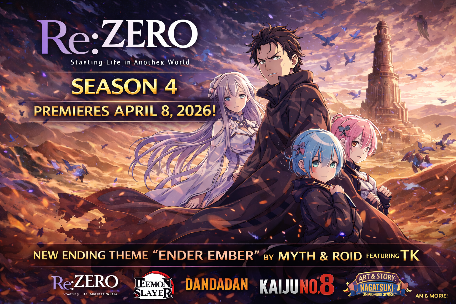 Re ZERO Season 4 anime key visual showing Subaru Emilia and new arc announcement with April 2026 premiere date