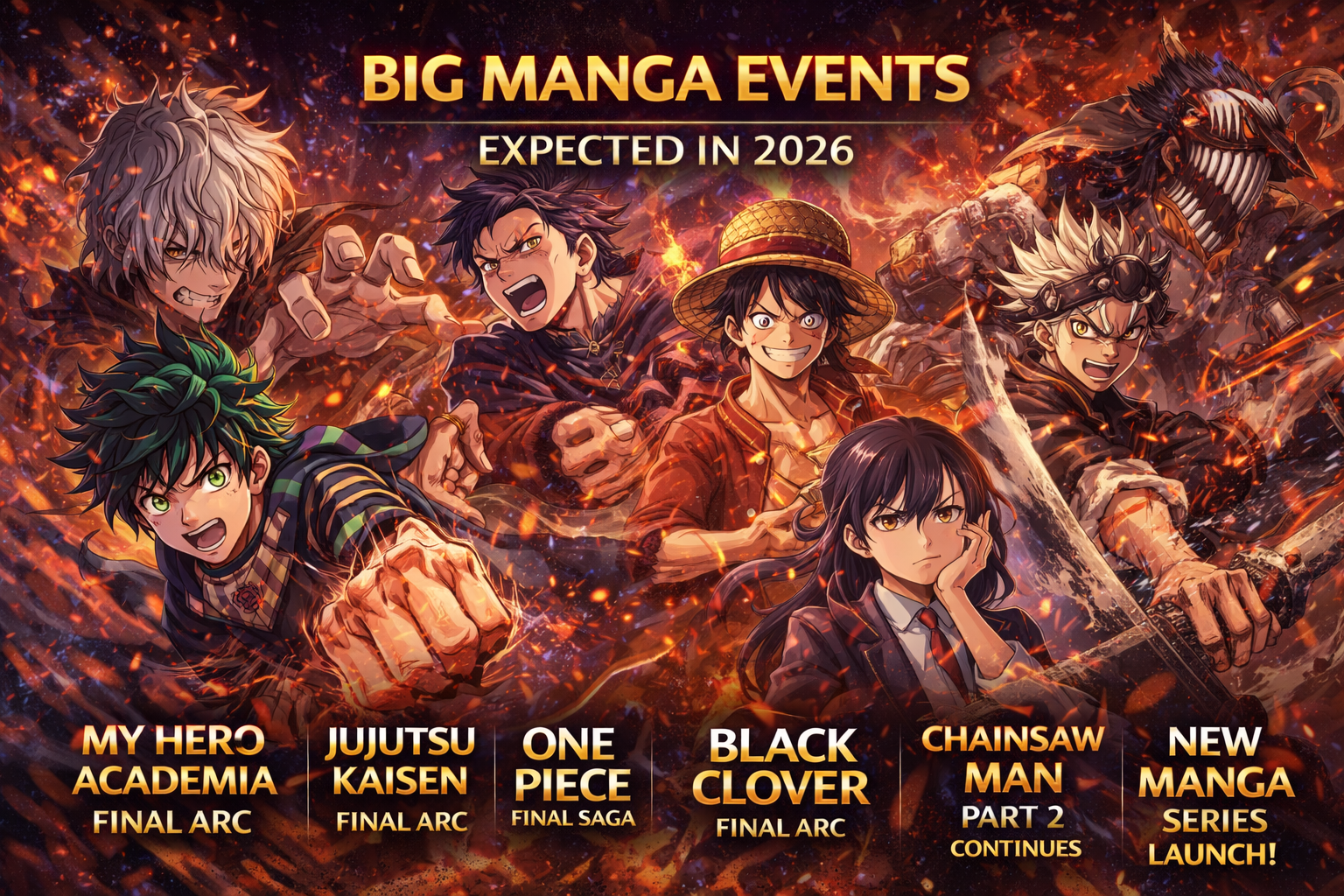 Major manga ending and upcoming manga in 2026 including My Hero Academia Jujutsu Kaisen One Piece and Black Clover final arcs