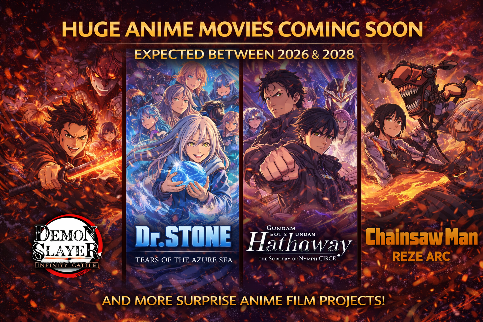 Upcoming anime movies from 2026 to 2028 including Demon Slayer Infinity Castle movie Chainsaw Man Reze Arc film and Gundam Hathaway sequel