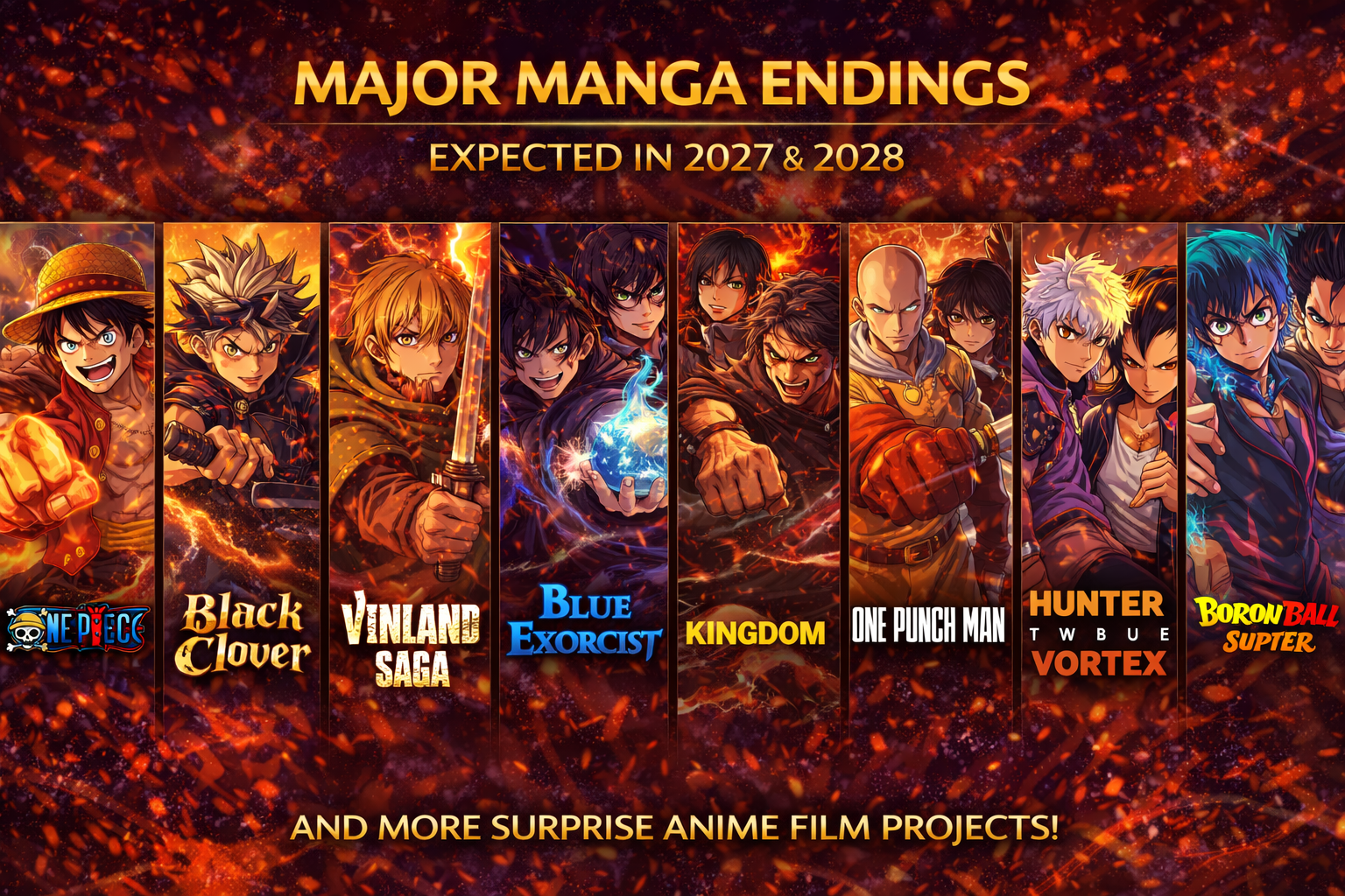 A collage of main characters from popular manga series like Luffy from One Piece and Asta from Black Clover looking toward a sunset, symbolizing the end of an era.