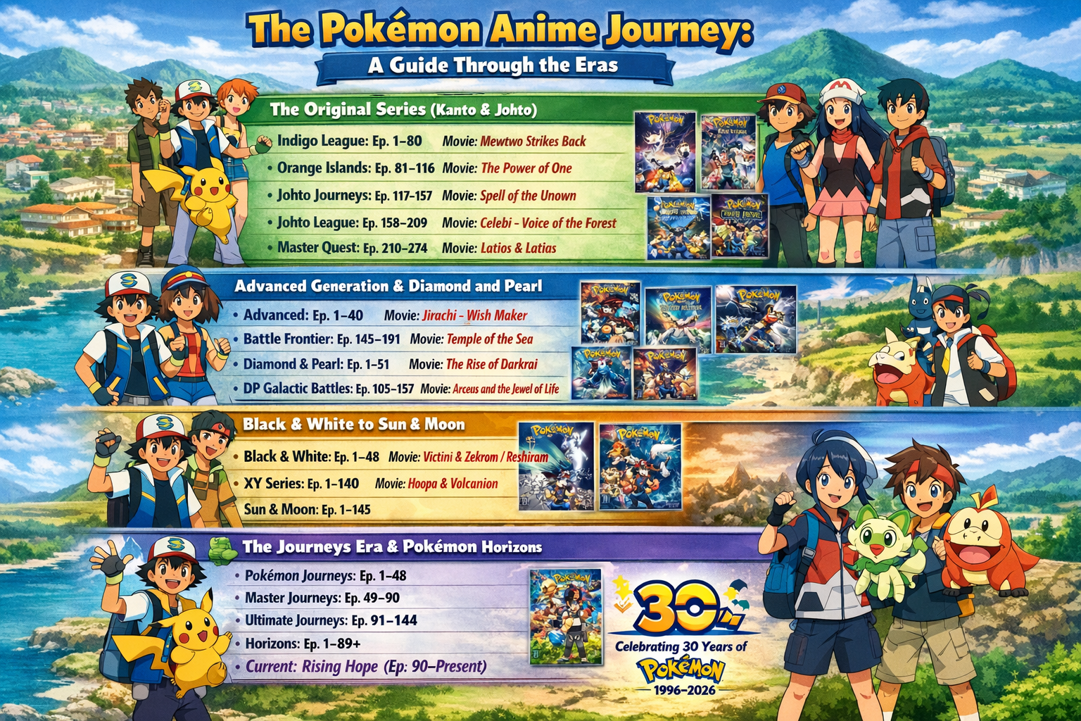 A high-resolution chronological timeline of Pokémon seasons featuring Ash Ketchum, Pikachu, Liko, and Roy with icons indicating where each movie fits in the story.