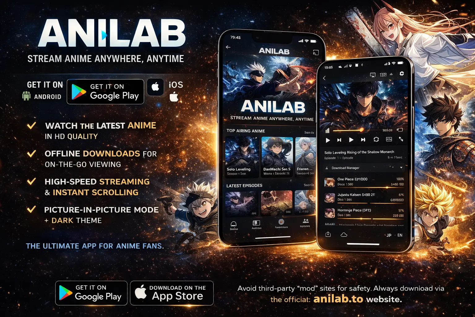 Anilab anime streaming app interface on Android and iOS showing HD anime library and download feature