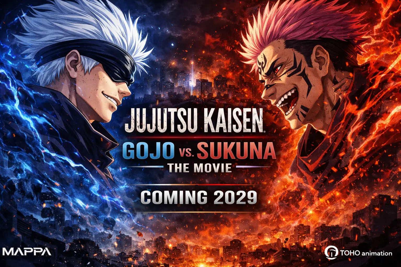 Gojo vs Sukuna Jujutsu Kaisen movie 2029 rumor poster with intense battle scene and domain expansion visuals