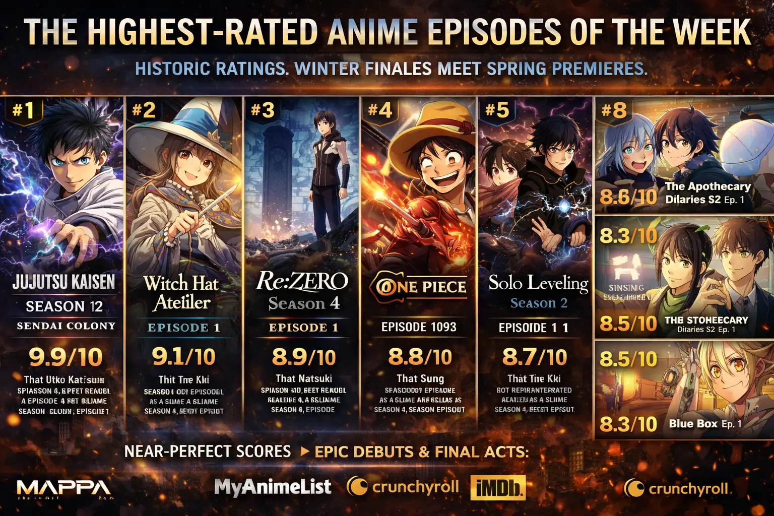 Top rated anime episodes Spring 2026 featuring Jujutsu Kaisen Sendai Colony and Re Zero Season 4 scenes