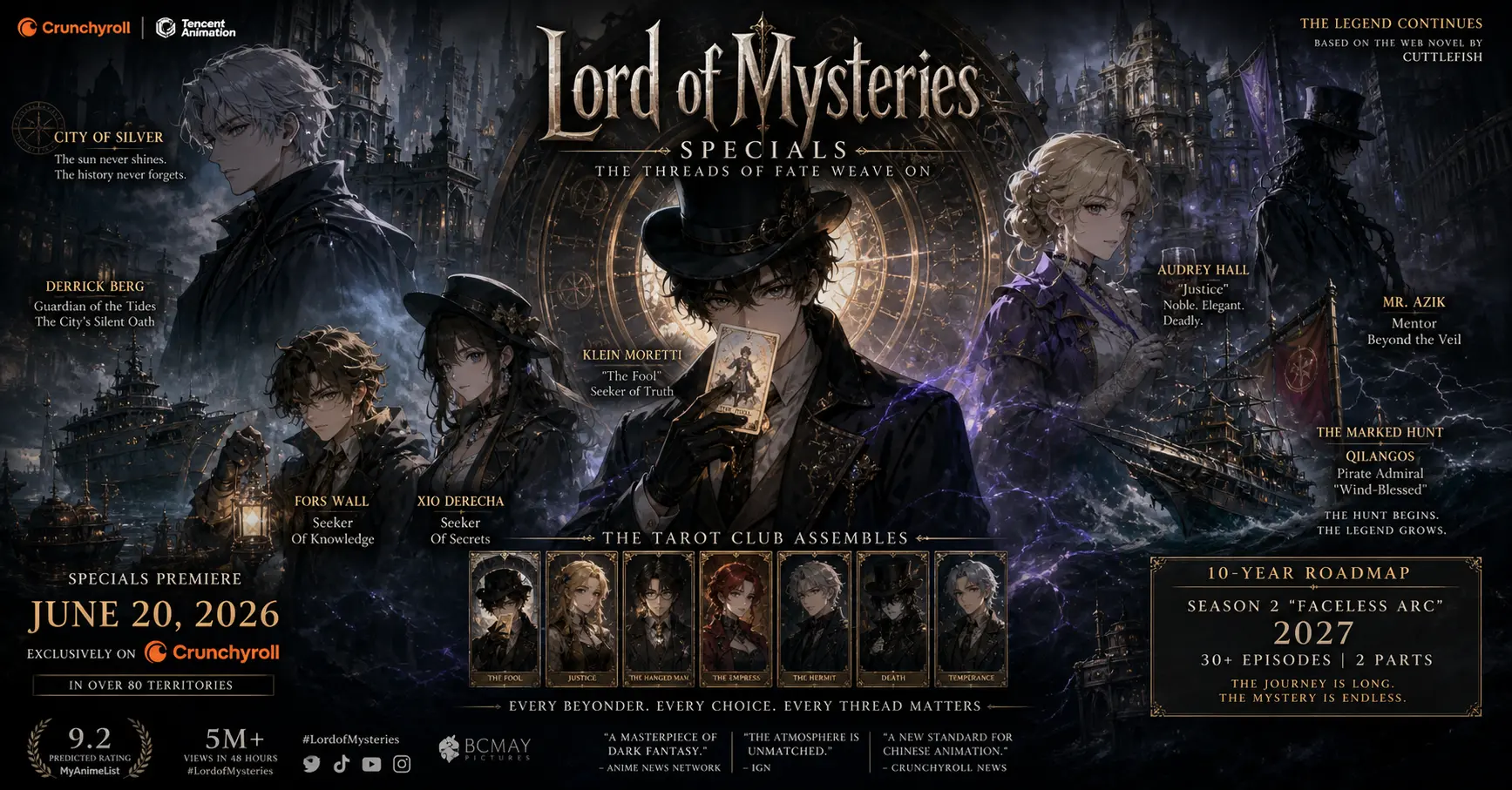 Lord of Mysteries trailer scene showing Klein Moretti as The Fool with Tarot Club in dark steampunk filled with mystical fog
